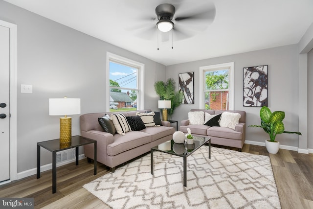3531 Milford Mill Rd, Baltimore, MD 21244 - living area featuring plenty of natural light, wood finished floors, a ceiling fan, and baseboards