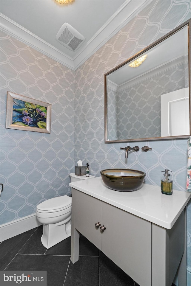 101 Greenspring Rd, Wilmington, DE 19807 - half bath with crown molding, vanity, tile patterned flooring, and wallpapered walls