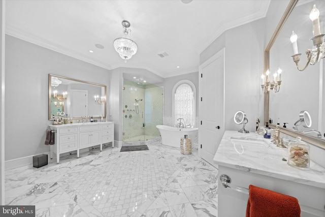 101 Greenspring Rd, Wilmington, DE 19807 - full bathroom with a chandelier, a shower stall, ornamental molding, two vanities, and a freestanding bath