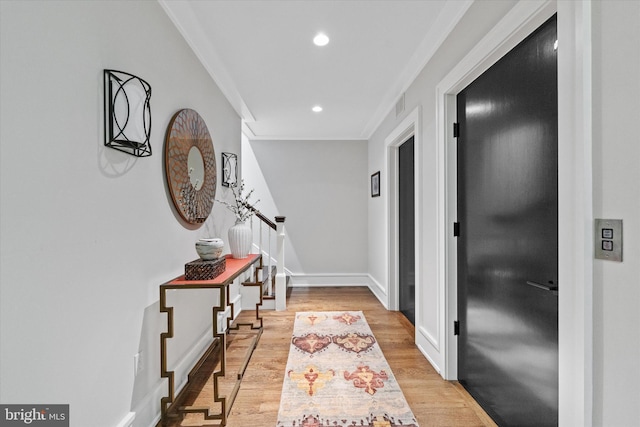 101 Greenspring Rd, Wilmington, DE 19807 - hall with ornamental molding, light wood-style flooring, recessed lighting, stairs, and elevator