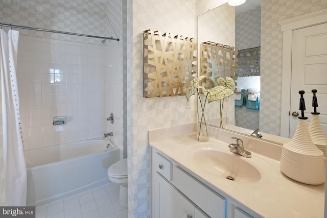full bathroom with toilet, vanity, shower / bath combination with curtain, tile patterned floors, and wallpapered walls
