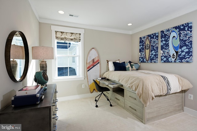 bedroom with carpet floors, baseboards, a desk, recessed lighting, and crown molding