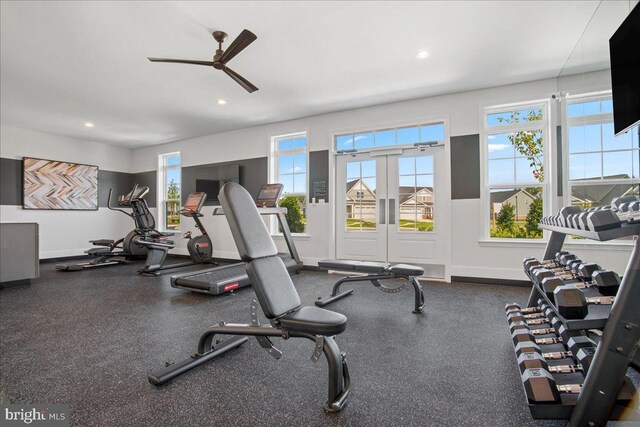 exercise room featuring ceiling fan, recessed lighting, and baseboards