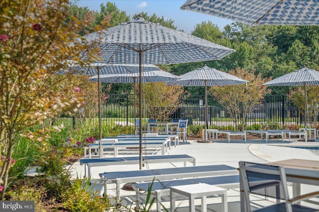 view of home's community featuring fence and a patio area