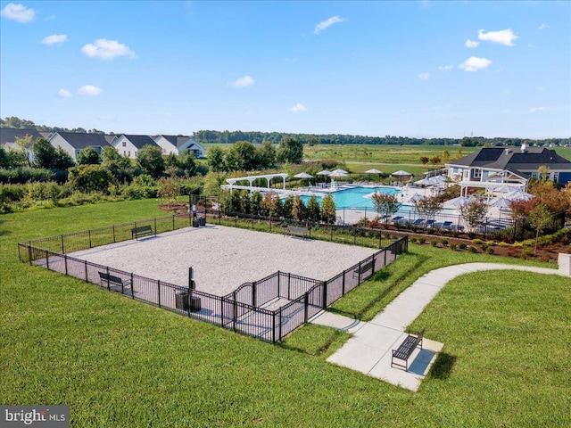 drone / aerial view of a pool area