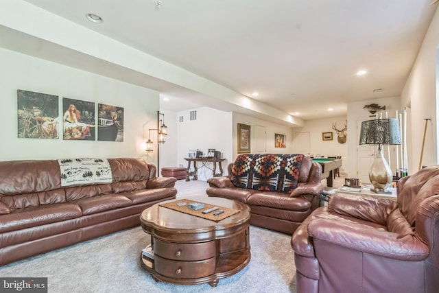 carpeted living room featuring billiards and recessed lighting