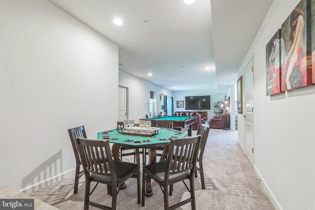 dining space with light colored carpet, recessed lighting, and billiards