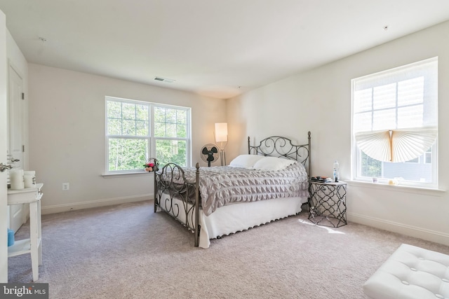 carpeted bedroom featuring multiple windows and baseboards