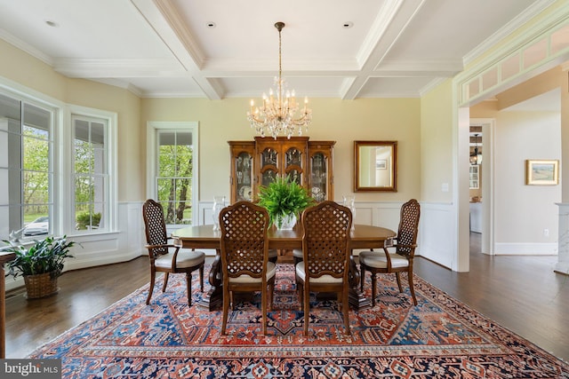 dining space with a chandelier, dark wood-type flooring, coffered ceiling, beamed ceiling, and ornamental molding