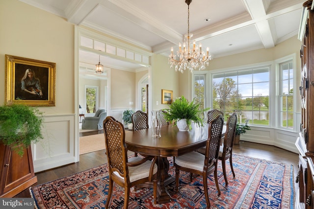 dining area featuring coffered ceiling, beam ceiling, dark wood-type flooring, a decorative wall, and a chandelier
