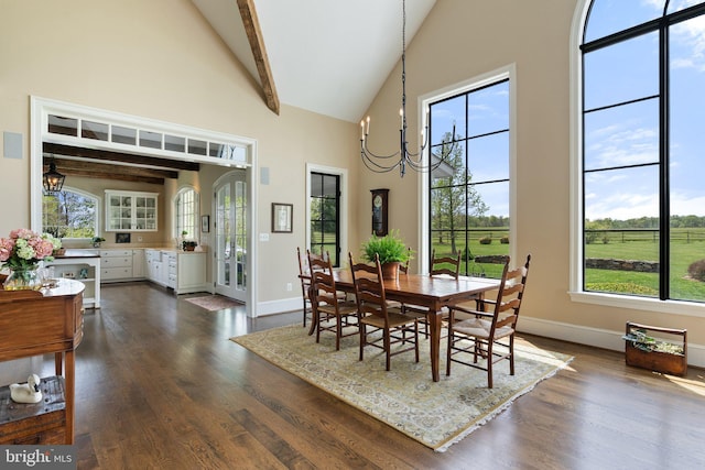 dining space with high vaulted ceiling, a chandelier, dark wood-type flooring, baseboards, and plenty of natural light