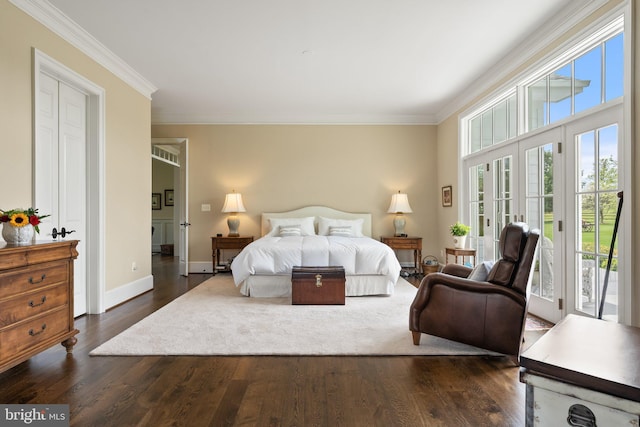 bedroom with access to outside, crown molding, dark wood-style flooring, and baseboards