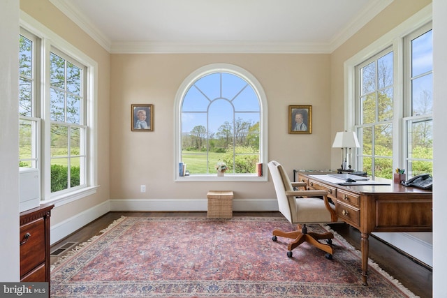 home office featuring plenty of natural light, ornamental molding, and baseboards