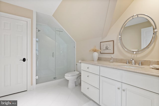full bath with a shower stall, vanity, toilet, tile patterned flooring, and lofted ceiling