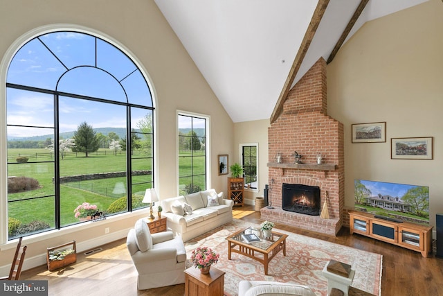 living room featuring high vaulted ceiling, wood finished floors, a fireplace, and baseboards