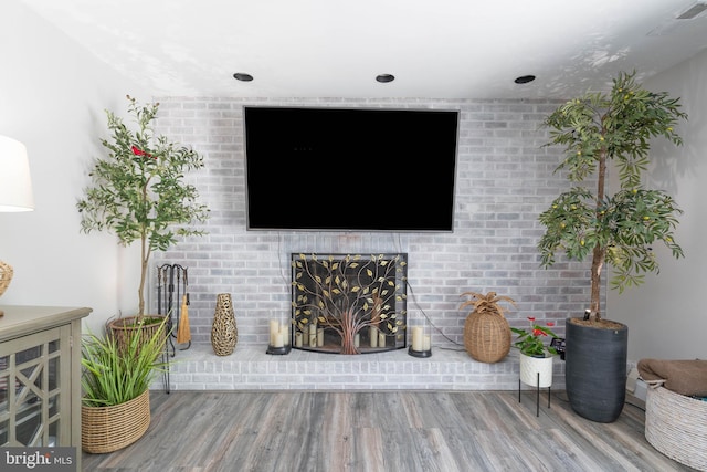living room with wood finished floors and a fireplace
