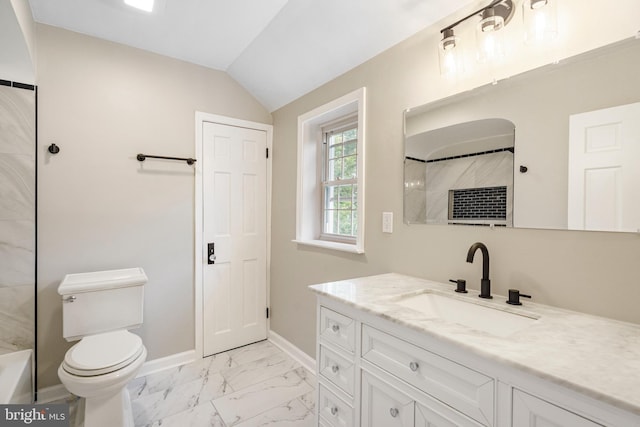 5311 Herring Run Dr, Baltimore, MD 21214 - full bathroom with vanity, marble finish floors, baseboards, toilet, and vaulted ceiling