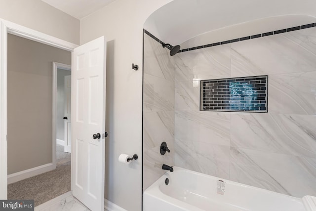 5311 Herring Run Dr, Baltimore, MD 21214 - bathroom with bathing tub / shower combination, baseboards, and marble look tiles