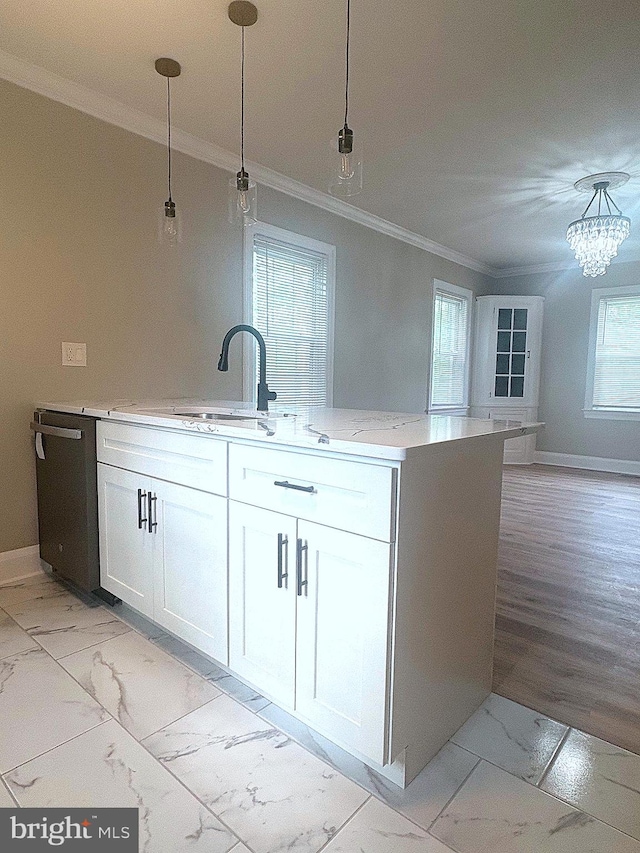 5311 Herring Run Dr, Baltimore, MD 21214 - kitchen featuring ornamental molding, light marble finish flooring, stainless steel dishwasher, white cabinetry, and baseboards