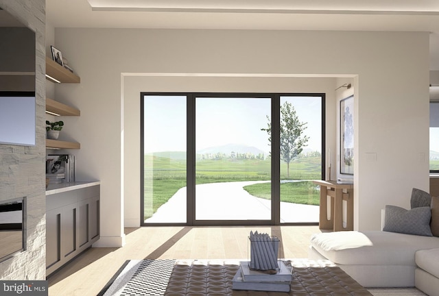entryway featuring wood finished floors and a mountain view