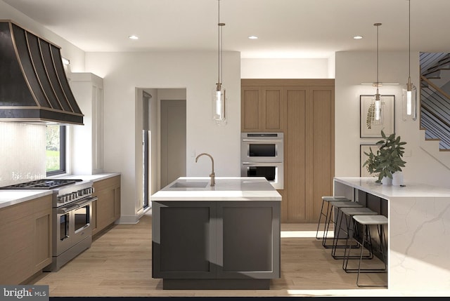 kitchen featuring appliances with stainless steel finishes, a sink, custom exhaust hood, light wood-type flooring, and an island with sink