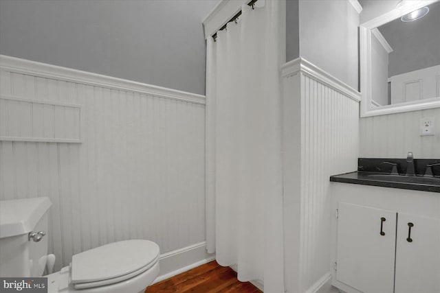 612 Old Rte 322, Spring Mills, PA 16875 - bathroom featuring toilet, wood finished floors, vanity, and a wainscoted wall