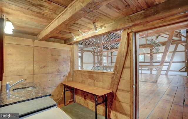 612 Old Rte 322, Spring Mills, PA 16875 - bathroom featuring a sink, wood ceiling, beamed ceiling, hardwood / wood-style floors, and wood walls