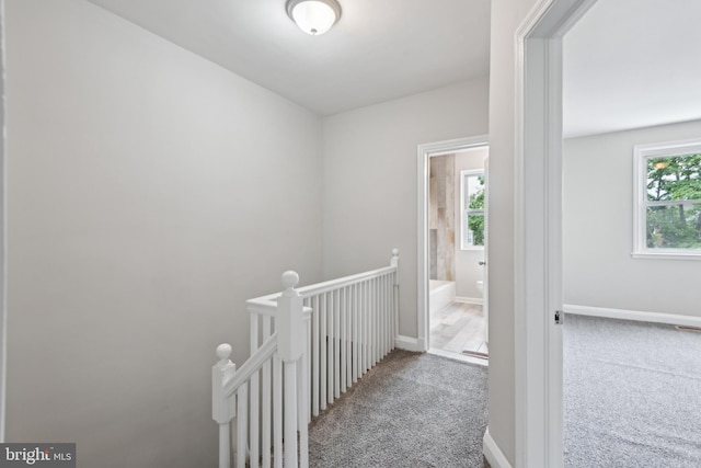 hall with an upstairs landing, carpet flooring, and baseboards