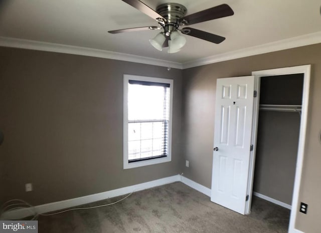 1918 Columbia Ave, Landover, MD 20785 - unfurnished bedroom featuring carpet flooring, baseboards, crown molding, a closet, and ceiling fan
