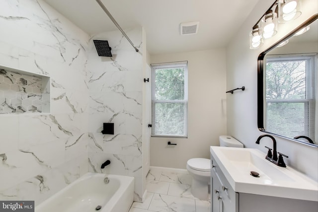 bathroom featuring marble look tile flooring, vanity,  shower combination, toilet, and baseboards