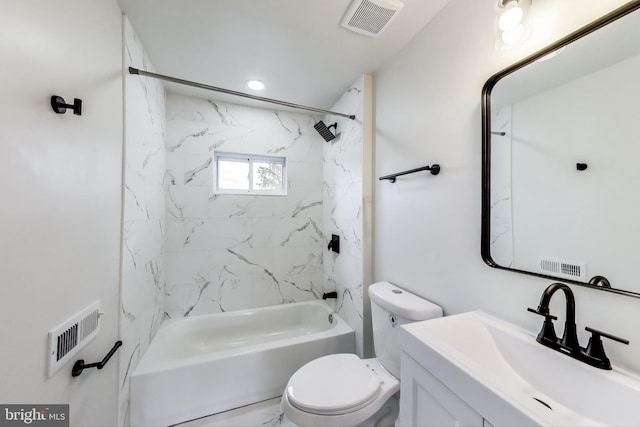 full bath featuring toilet, tub / shower combination, vanity, and marble finish floors