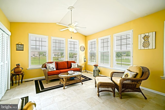 24928 Rivers Edge Rd, Millsboro, DE 19966 - living room featuring ceiling fan, lofted ceiling, and light tile patterned floors
