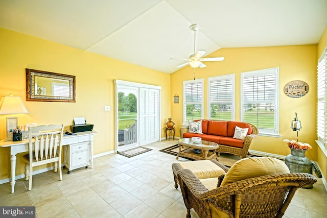 24928 Rivers Edge Rd, Millsboro, DE 19966 - living room featuring a ceiling fan, plenty of natural light, light tile patterned flooring, and lofted ceiling