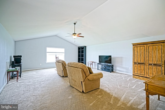 24928 Rivers Edge Rd, Millsboro, DE 19966 - living room featuring a ceiling fan, carpet, and vaulted ceiling