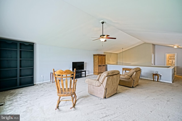 24928 Rivers Edge Rd, Millsboro, DE 19966 - living area with a ceiling fan, carpet flooring, vaulted ceiling, and built in shelves