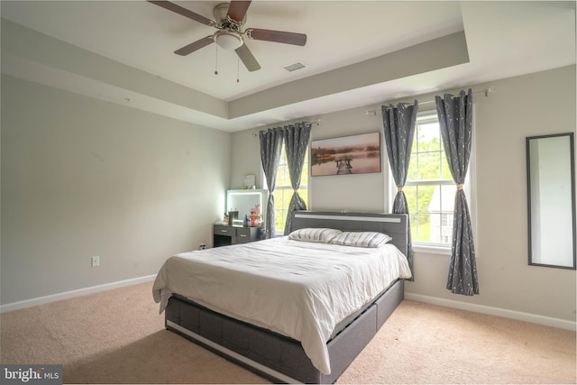 bedroom featuring carpet floors, baseboards, and a raised ceiling