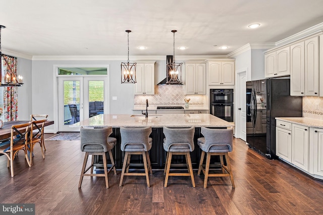 1760 Florence Rd, Mount Airy, MD 21771 - kitchen featuring wall chimney exhaust hood, black appliances, a sink, ornamental molding, and backsplash