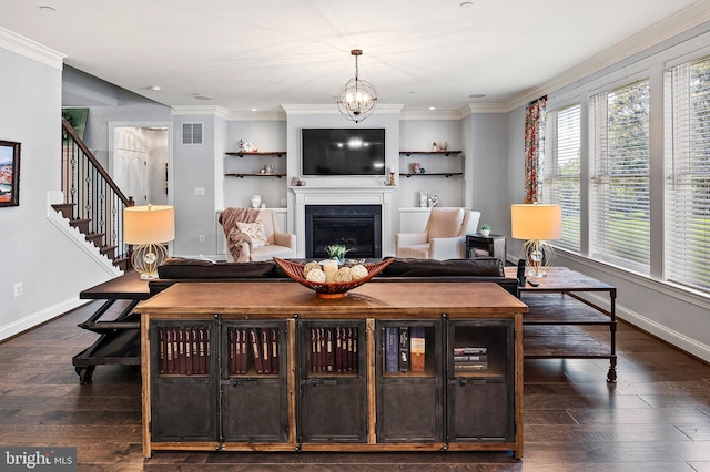 1760 Florence Rd, Mount Airy, MD 21771 - living room featuring a glass covered fireplace, baseboards, dark wood-type flooring, ornamental molding, and stairs