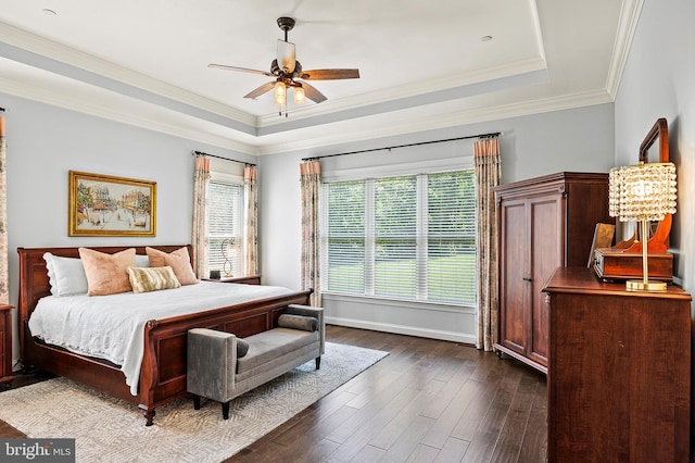 1760 Florence Rd, Mount Airy, MD 21771 - bedroom featuring a raised ceiling, dark wood-type flooring, baseboards, ornamental molding, and a ceiling fan