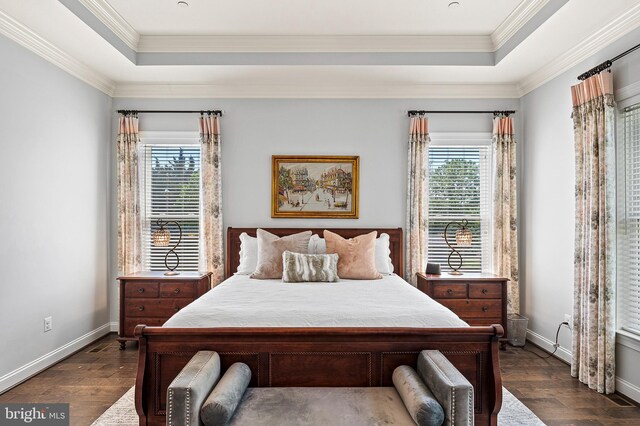 1760 Florence Rd, Mount Airy, MD 21771 - bedroom featuring a raised ceiling, dark wood-style floors, ornamental molding, and baseboards