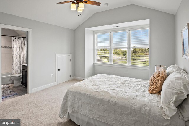 1760 Florence Rd, Mount Airy, MD 21771 - carpeted bedroom with lofted ceiling, baseboards, ensuite bath, and ceiling fan