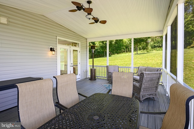 1760 Florence Rd, Mount Airy, MD 21771 - wooden deck with outdoor dining space, french doors, ceiling fan, and a lawn