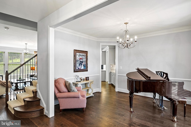 1760 Florence Rd, Mount Airy, MD 21771 - sitting room featuring a chandelier, stairs, dark wood-style floors, crown molding, and baseboards