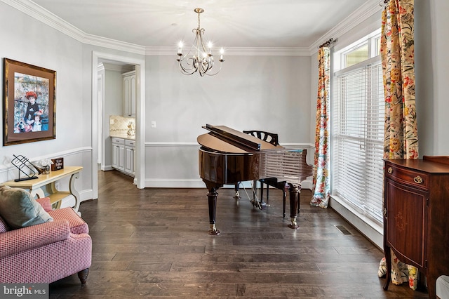 1760 Florence Rd, Mount Airy, MD 21771 - living area featuring a chandelier, dark wood finished floors, ornamental molding, and a baseboard radiator