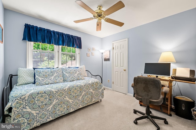 office area featuring carpet flooring, ceiling fan, and baseboards