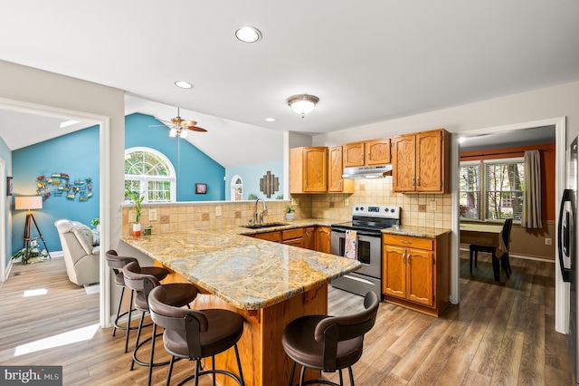 kitchen with stainless steel appliances, under cabinet range hood, a sink, a kitchen bar, and lofted ceiling