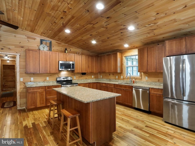 79 Whiskey Still Rd, Berkeley Springs, WV 25411 - kitchen with appliances with stainless steel finishes, a sink, light wood finished floors, lofted ceiling, and wooden ceiling
