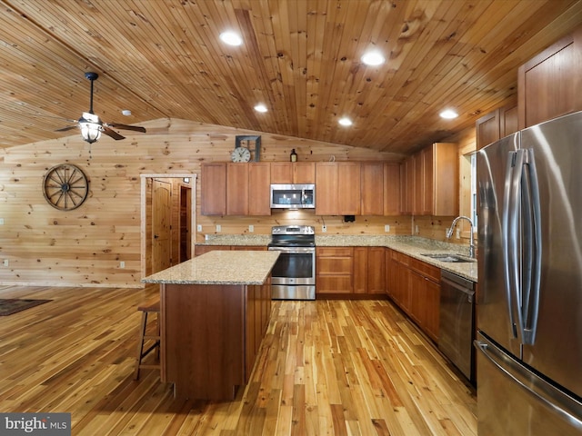 79 Whiskey Still Rd, Berkeley Springs, WV 25411 - kitchen with stainless steel appliances, a sink, lofted ceiling, light wood-style flooring, and a ceiling fan