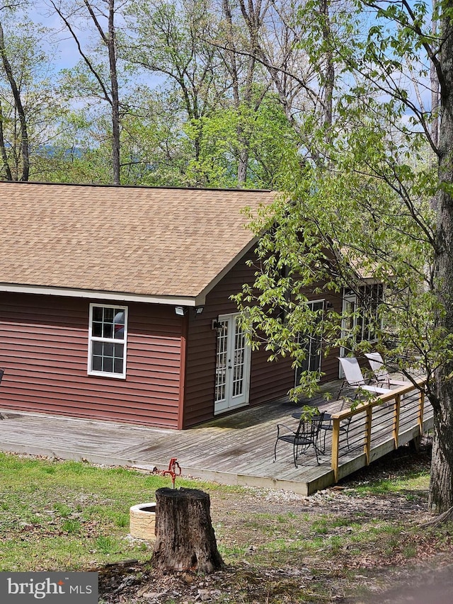 79 Whiskey Still Rd, Berkeley Springs, WV 25411 - rear view of house featuring french doors, roof with shingles, and a wooden deck