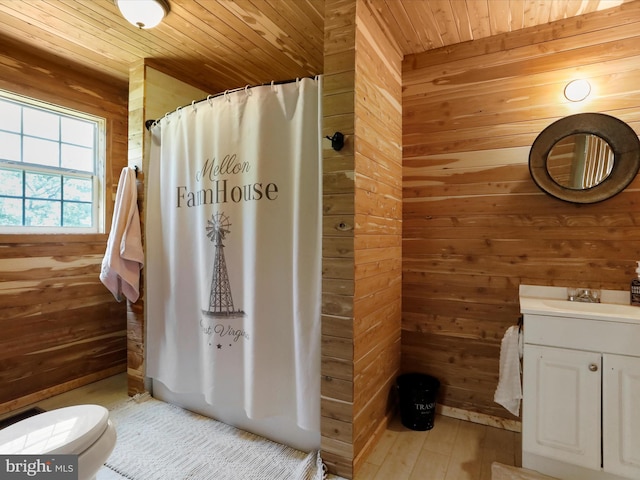 79 Whiskey Still Rd, Berkeley Springs, WV 25411 - full bathroom featuring wood walls, wood ceiling, vanity, a shower with shower curtain, and toilet